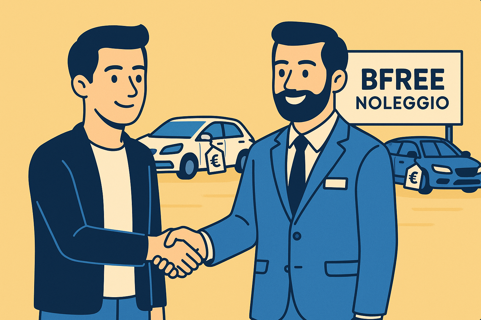 Illustrazione flat italiana che mostra un consulente BFree Noleggio e un cliente che si stringono la mano davanti a veicoli, simbolo di fiducia e servizi di noleggio auto a Padova.
